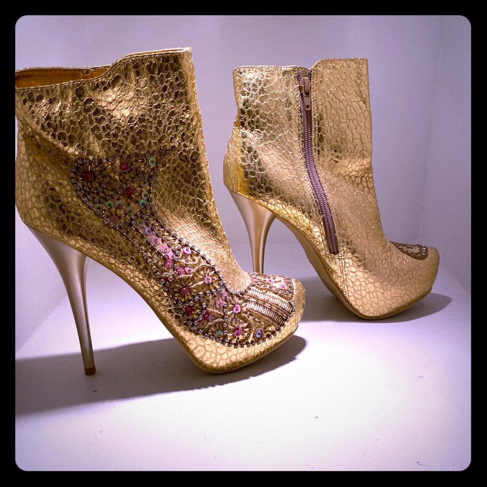 Gold with beads, faux snake skin booties